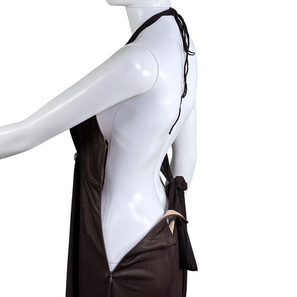 Cache Womens 8 Halter Backless Brown Gold Shimmer Evening Gown Rhinestone Accent - Picture 11 of 16